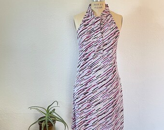 Y2K Vintage Dress with abstract geometric pattern in purple Sleeveless Dress with ascot tie midi dress by Volcom 2000s does 70s style dress