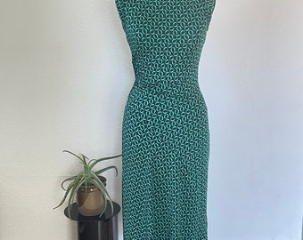 Y2K Dress Vintage Diane Von Furstenberg Dress Ruched Waist with Geometric Print DVF A line Dress with Cap Sleeves Green and Navy Small