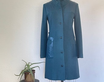 Minimal Mod Coat Blue Peacoat Y2K does 1960s Futurism Midi Coat with faux leather panels turtle neck coat winter coat