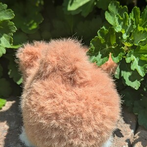 May include: A small, round, plush toy covered in soft, fuzzy, light brown fur. The object has a dense, textured appearance with visible individual fibers and a rounded shape, suggesting a stuffed animal or decorative pom-pom style item.