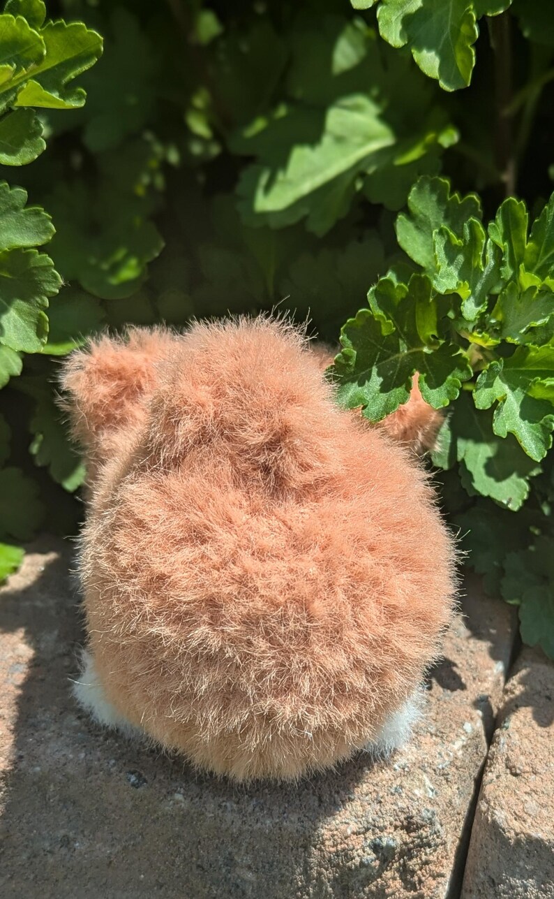May include: A small, round, plush toy covered in soft, fuzzy, light brown fur. The object has a dense, textured appearance with visible individual fibers and a rounded shape, suggesting a stuffed animal or decorative pom-pom style item.