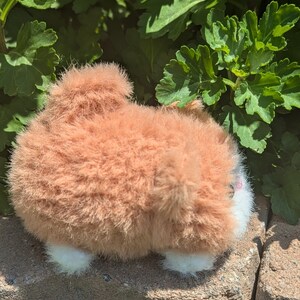 May include: A small, round, plush toy shaped like a fluffy animal with light brown, shaggy fur, a prominent tail, and small white paws. The toy features a white face area with a small pink nose and is positioned on a textured stone surface.