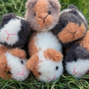 May include: A pile of plush guinea pig toys in various colors, including brown, white, and black, resting on green grass. The toys have detailed features, including small black eyes and pink stitched noses.