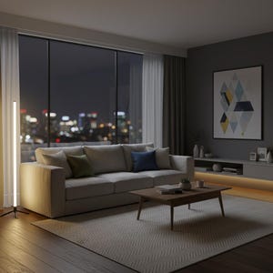 May include: A contemporary living room featuring a beige sofa, a wooden coffee table, and a tall, illuminated floor lamp. A large window provides a night-time city view. Cushions in blue and green add colour.