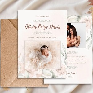 Modèle de faire-part de naissance | Nouveau-né fille | Roses vintage aquarelle crème | Conception numérique personnalisée | Carte imprimable | Toile | Bricolage