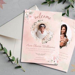 Modèle de faire-part de naissance | Nouveau-né fille | Floral rose clair et vert sauge | Conception numérique personnalisée | Carte imprimable | Toile | Bricolage