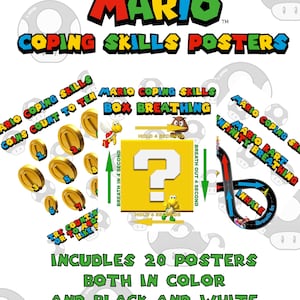 Puede incluir: Un conjunto de carteles de habilidades de afrontamiento con el tema de Super Mario. Los carteles incluyen instrucciones para la respiración en caja, la respiración infinita y contar hasta diez. El conjunto incluye 20 carteles en color, blanco y negro y tarjetas más pequeñas.
