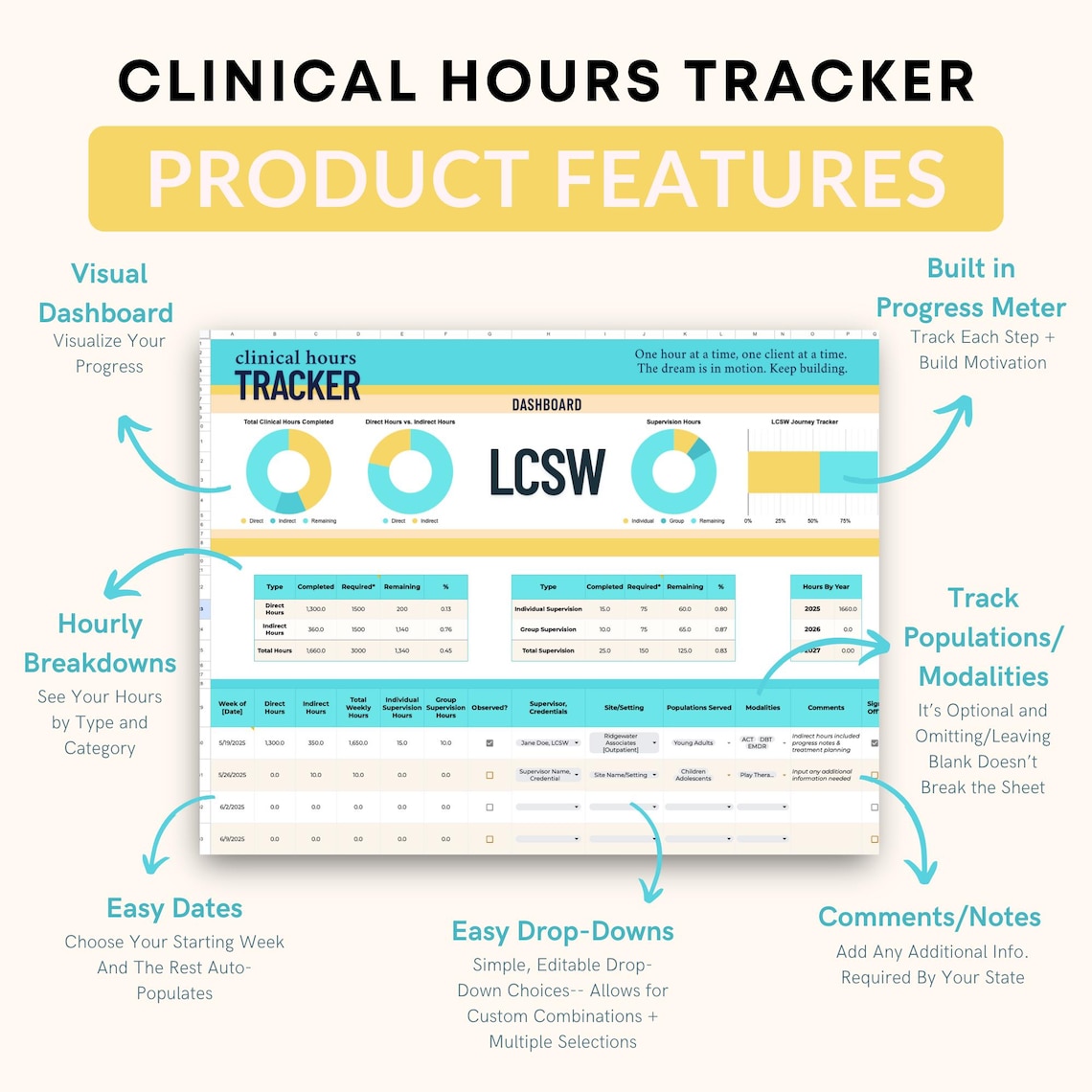 Completed Lcsw Log Example LCSW Clinical Hours Tracker: Social Work Licensure Log (google Sheets ...