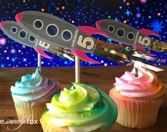 Pink Rocket Cupcake Toppers | Outer Space Cupcake Toppers