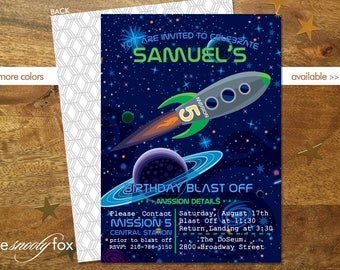 Printable Rocket Birthday Invitation | Digital Outer Space Birthday Invitation | Print At Home | Green Pink Red Purple Blue
