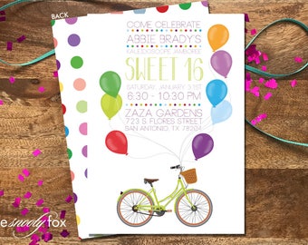 Printable Bicycle Balloon Birthday Invitation - Sweet 16 - Bicycle Invitation - Birthday Balloons - Polka Dot Invitation