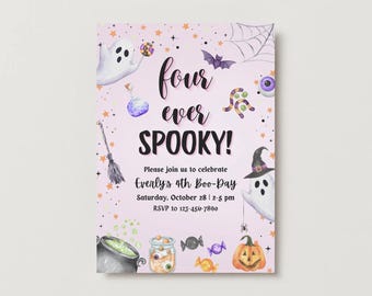 Pink Halloween Birthday Invitation: Four-Ever Spooky, Editable Canva Template (Digital Download