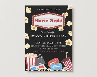 May include: A movie night invitation with a black background, popcorn, and cinema-themed graphics. The invitation includes the text "Movie Night" and details for Ryan's 12th birthday on May 28, 2024, at 7 PM.