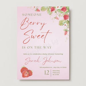 Uitnodiging babyshower aardbei: thema bessen zoet (digitale download, pdf-sjabloon van 5 x 7, canva bewerkbaar)
