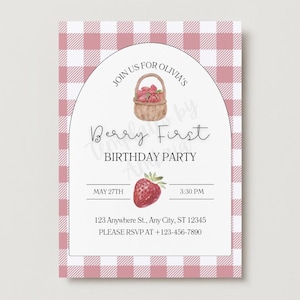 Strawberry First Birthday Invitation: Berry Sweet Theme (Digital Download, 5x7 PDF Template)