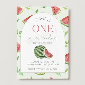 One in a Melon Birthday Invitation, Watermelon Themed Birthday Invitation, Editable Birthday Invitation