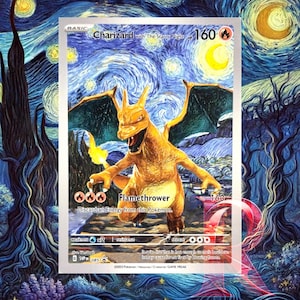 Pokemon Charizard Starry Night Beautiful Moon Op Van Gogh geïnspireerde kunstkaart | Uniek cadeau voor elke Pokemon Collector ACG-promoruilkaart MINT