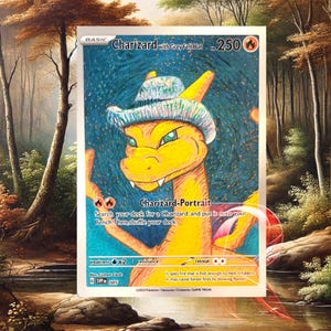 Carta de Pokémon Charizard com chapéu de feltro cinza, inspirada em Van Gogh | Presente exclusivo para qualquer colecionador de Pokémon, cartão promocional ACG, impecável