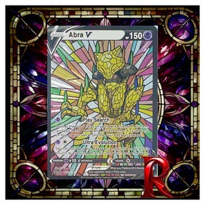 Aangepaste Abra V gebrandschilderd glas holokaart – Pokemon-geïnspireerde kunst ACG Full Art Card – nieuwstaat – geweldig cadeau voor elke Pokemon-verzamelaar