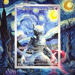 Pokemon Mewtwo Starry Night Beautiful Moon Op Van Gogh geïnspireerde kunstkaart | Uniek cadeau voor elke Pokemon Collector ACG-promoruilkaart MINT