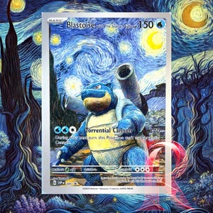 Pokemon Blastoise Starry Night Beautiful Moon Op Van Gogh geïnspireerde kunstkaart | Uniek cadeau voor elke Pokemon Collector ACG-promoruilkaart MINT