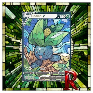 Niestandardowa Holograficzna Karta Oddish V Stained Glass – Pełna Karta ACG Art Inspired Pokemon – Stan MINT – Świetny Prezent Dla Każdego Kolekcjonera Pokemonów