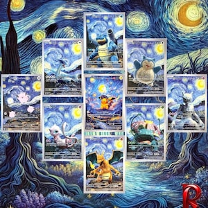 Pokémon Pikachu Snorlax Mew Blastoise Mewtwo Lugia Charizard Venusaur Clefairy Noite Estrelada Van Gogh Conjunto completo ACG Promocional Cartas colecionáveis ÓTIMO
