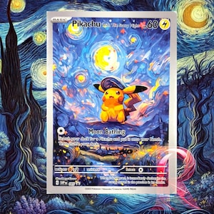 Pokemon Pikachu nuit étoilée belle lune inspirée de Van Gogh carte d'art | Cadeau unique pour tout collectionneur de Pokémon | Carte à collectionner promotionnelle ACG État neuf