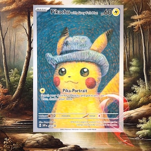 Carta de Pokémon Pikachu com chapéu de feltro cinza, inspirada em Van Gogh | Presente exclusivo para qualquer colecionador de Pokémon, cartão promocional ACG, impecável