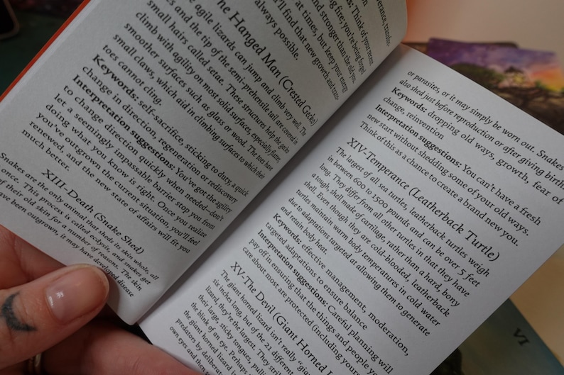 May include: Close-up of two open books with pages showing text about the Hanged Man, Death, Temperance, and The Devil tarot cards. The text includes keywords, interpretations, and suggestions for each card.