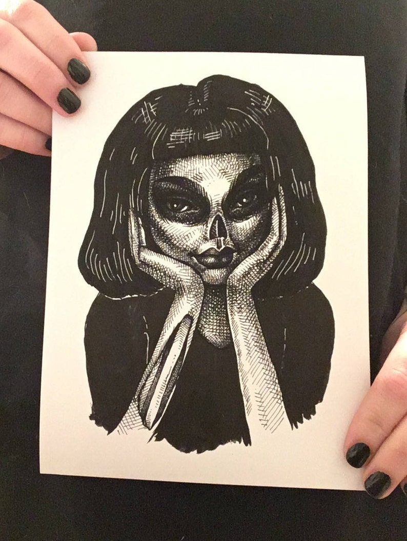 Zombie Girlilustracja Drukuj Na Papierze Archiwalnym 6 X 8 Creepy Ghoul Spooky Czarno Białe Rysunek Sztuka Tusz Długopis I Atrament