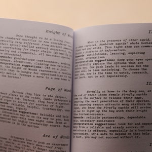 May include: A book open to two pages with the titles "Knight of Wands" and "Page of Wands". The text describes the symbolism of these cards in the tarot deck. The text on the left page describes the chambered nautilus and its symbolism. The text on the right page describes the Dumbo octopus and its symbolism.