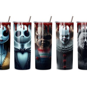 May include: Five cylindrical tumblers with lids and straws, each featuring a different horror character graphic. The designs include Sally, Jack Skellington, Chucky, Pennywise, and Michael Myers, all topped with a dripping red blood effect.