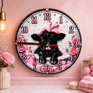 Highland cow bathroom design   Glass Clock: 20cm Wall Art, Detailed Fantasy Design