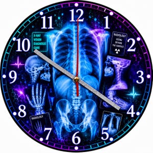 May include: A round wall clock featuring a blue and purple X-ray themed design with a human skeleton, skull, and hand imagery. The clock face displays white numbers, a red second hand, and text including X-RAY VISION DIAGNOSIS CARE and RADIOLOGY.