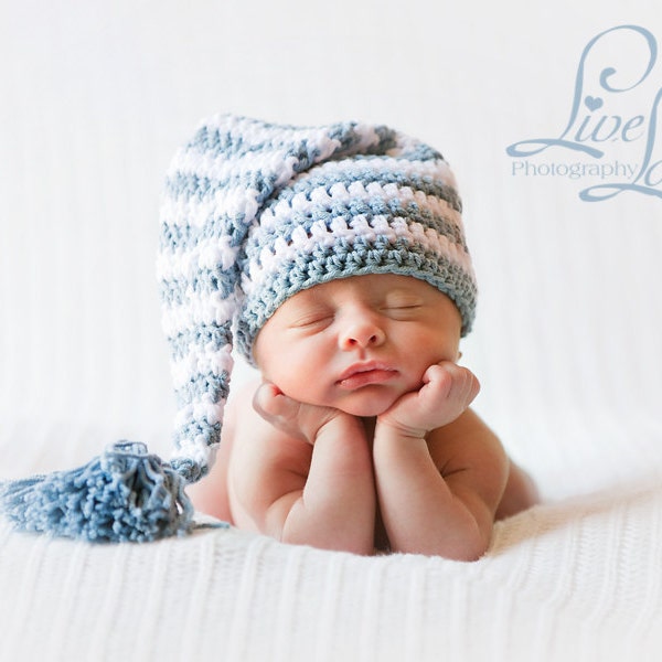Download PDF crochet pattern 013 - Elf long tail hat with tassel or pompom - Multiple sizes from newborn through age 4
