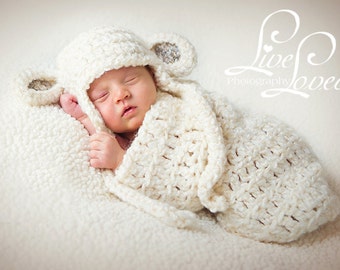 Download PDF crochet pattern s008 - Newborn Sheep earflap hat and cocoon