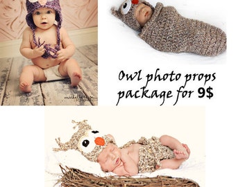 May include: Three photos of a baby wearing an owl-themed photo prop set. The first photo shows a baby wearing a purple owl hat. The second photo shows a baby wrapped in a brown owl-shaped swaddle. The third photo shows a baby wearing a brown owl costume and lying in a nest.