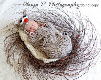 May include: A newborn baby wearing a brown knitted owl costume is sleeping in a nest made of twigs. The baby is wearing a brown knitted hat with large owl eyes and a red beak.