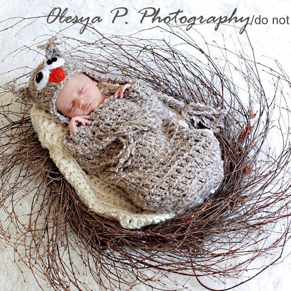 Télécharger le patron au crochet PDF s012 - Chapeau et cocon nouveau-né hibou - Accessoire de photographie