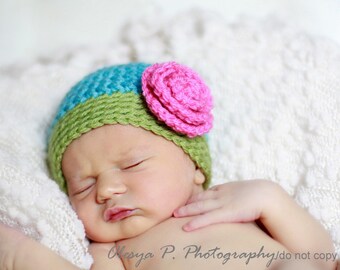 Download PDF crochet pattern 040 - Beanie with Rose - Multiple sizes from newborn through age 4