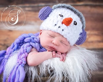 Download PDF crochet patterns 048 - Snowman with earmuffs hat - Multiple sizes from newborn through 12 months