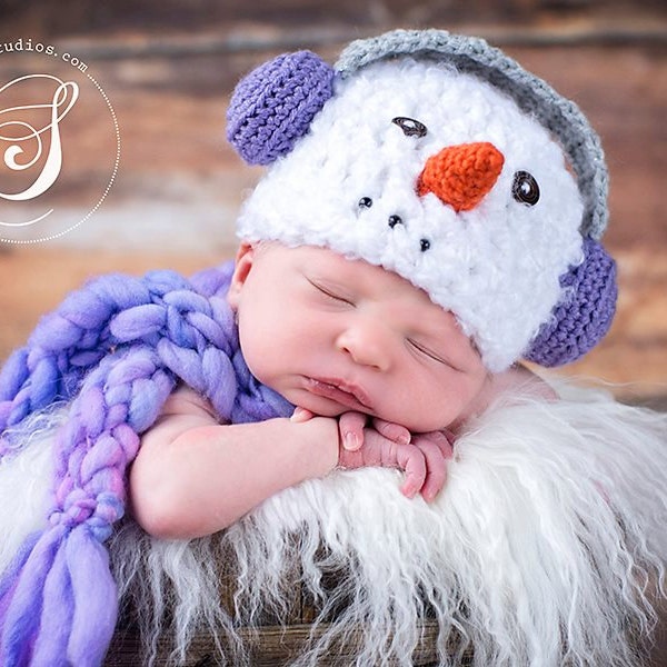 Download PDF crochet patterns 048 - Snowman with earmuffs hat - Multiple sizes from newborn through 12 months