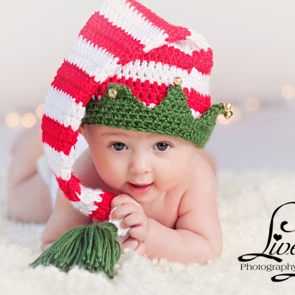 Télécharger le patron au crochet PDF 025 - Chapeau de lutin de Noël avec cloches - Plusieurs tailles du nouveau-né à 12 mois