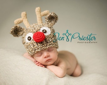 Download PDF crochet pattern 023 - Reindeer hat- Multiple sizes from newborn through 12 months