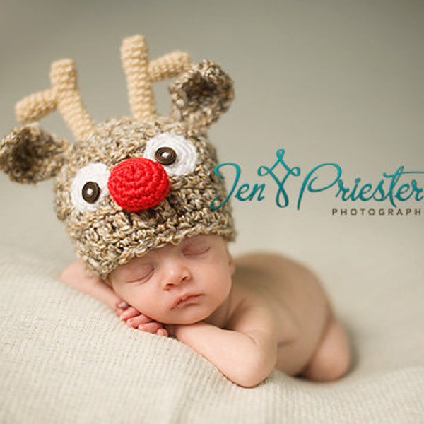 Download PDF crochet pattern 023 - Reindeer hat- Multiple sizes from newborn through 12 months