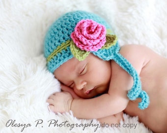 Download PDF crochet pattern 032 - Earflap hat with Rose - Multiple sizes from newborn through age 4