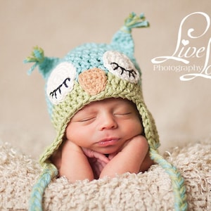 Download PDF crochet pattern 009 Sleepy Owl hat Multiple sizes from newborn through age 4 image 1