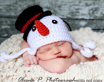 Download PDF crochet pattern 044 - Snowman earflap hat - Multiple sizes from newborn through 12 months