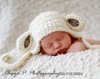 Download PDF crochet pattern 047 - Sheep Earflap hat- Multiple sizes from newborn through age 4